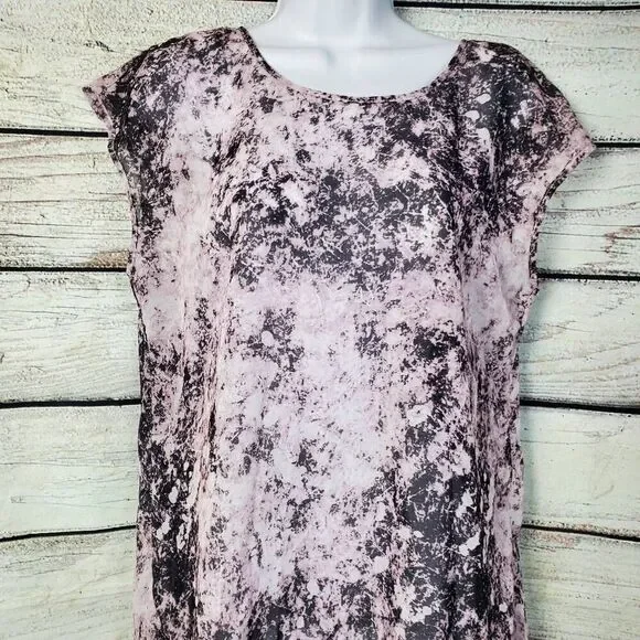 Eyeshadow Women’s High-Low Tunic Top Size M Pink Black Marble Sheer Cap Sleeve B - Picture 2 of 6